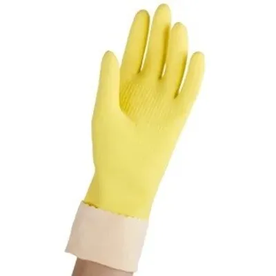 A yellow household glove with a beige cuff.