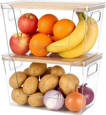 Zdjęcie produktu dla Pojemniki do przechowywania, przezroczyste, sztaplowane, z pokrywką, 2 sztuki, na warzywa, do kuchni