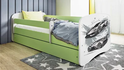 Produktbild von Kinderbett Grün 70x140 80x160 80x180 cm – mit Matratze, Rausfallschutz und Schublade – Jugendbett für Mädchen und Jungen – Stabil und Sicher – Auto – 160x80 cm, KI-generiertes Bild
