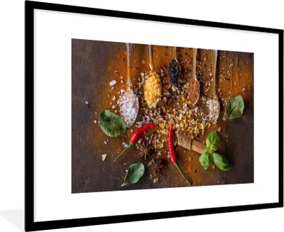 Produktbild von MuchoWow® Gerahmtes Poster Löffel - Kräuter - Gewürze - Salz 90x60 cm - Poster mit Schwarzem Bilderrahmen Wandposter Rahmen Foto Bilder - Wanddekoration - Fotos
