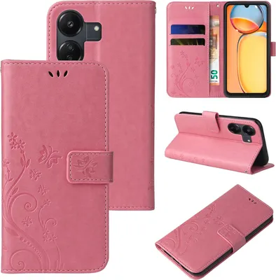 Collage of images showing a pink floral butterfly embossed flip phone case for a Xiaomi Redmi 13C.