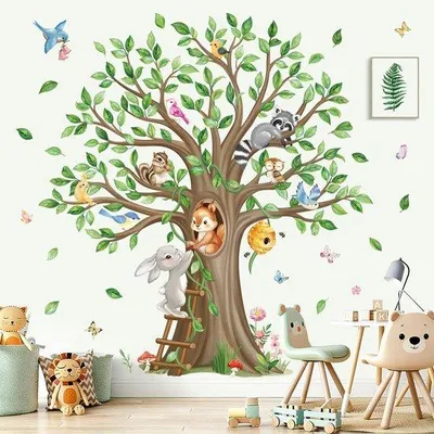 Productafbeelding van Unyqoos® Decoratieve wandsticker – zelfklevend (PVC) met bosdieren en een grote boom, geschikt voor kinderkamers en speelkamers