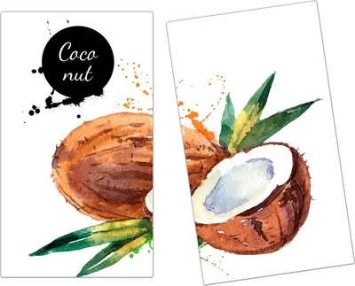 Produktbild von Spritzschutz Herdabdeckplatte Schneidebrett aus Glas Aquarell mit Kokosnuss 2-Teilig (60x52cm)