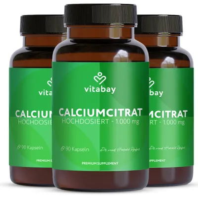 Produktbild von Vitabay Calcium 1000 mg – 270 (3er Bundle) vegane Kapseln mit Calciumcitrat – für Knochen und Zähne – ohne Zusatzstoffe – Für 3 Monat