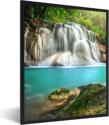 Produktbild von MuchoWow® Gerahmtes Poster Wald - Wasserfall - Natur 60x80 cm - Poster mit Schwarzem Bilderrahmen Wandposter Rahmen Foto Bilder - Premium - Wanddeko Wohnzimmer
