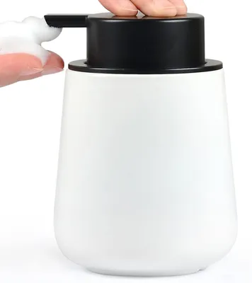 Image de Distributeur de savon en céramique, blanc, 350 ml, rechargeable, avec une grande pompe, idéal pour la cuisine et la salle de bain
