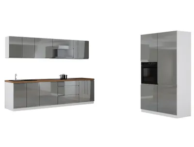 Produktbild von Küchenzeile 280 cm x 120 cm Praktische Küchenzeile Einbauküche ohne E-Geräten Küchenblock, Aspen KA26-M280 Grau/Hochglanz