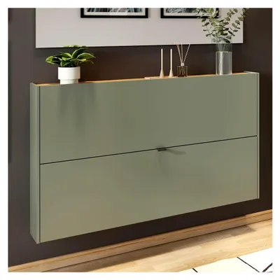 Produktbild von Flurschrank Schuhschrank 140cm in grün mit Eiche ideal für schmale Flure