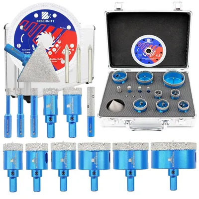 Immagine prodotto di Set di punte da trapano diamantate per piastrelle, sega a tazza per piastrelle, porcellana, Vetroceramica, marmo e granito, 6-65 mm + fresa a cilindro, set da 13 pezzi