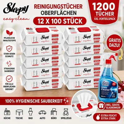 Zdjęcie produktu dla Chusteczki do czyszczenia powierzchni Sleepy Easy Clean – 12 x 100 szt. o zapachu wiśni + środek do czyszczenia szyb GRATIS