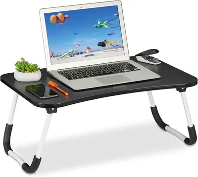 Produktbild von Laptop-Tisch für Bett und Sofa - 26 x 63 x 40 cm - Klapptisch - MDF - Eisen - Großer Schoßtisch - Schwarz