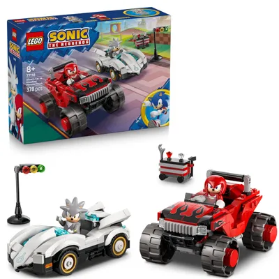 Image de LEGO Sonic the Hedgehog Silver Auto vs. Knuckles' Monstertruck - Jouets pour enfants avec 2 bolides et 2 minifigurines - Cadeau pour garçons et filles à partir de 8 ans - Sonic Fanartikel für Gamer - 77118