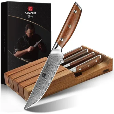 Productafbeelding van Steakmes set, 5-delig, met 67 lagen Damaststaal, handgesmeed, scherpe lemmet, messenhouder van acaciahout, handvat van rozenhout, cadeauverpakking