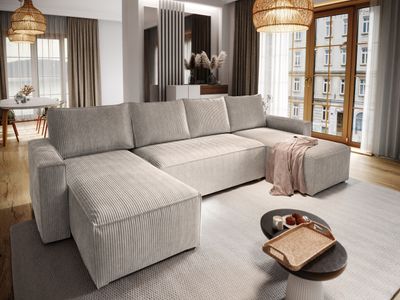 Masseno Ecksofa ASPRA mit Schlaffunktion U-Form, Sofa mit Bettkasten, Wohnzimmersofa, Couch, Soffa, Bettsofa, Couchgarnitur- Beige, POSO 02