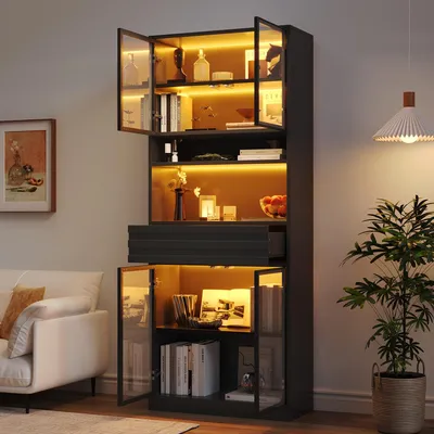 Immagine prodotto di Vetrina da 80x35x200 cm, libreria con 4 ante in vetro, 1 cassetto, illuminazione RGB LED controllabile tramite app, colore nero