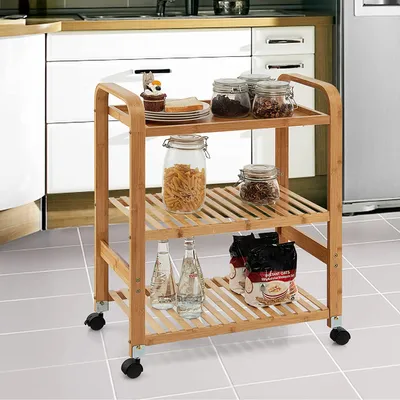 Zdjęcie produktu dla Wózek do serwowania Wózek na kółkach Bambusowy mały wózek kuchenny na kółkach Wózek gospodarczy Wózek boczny z 3 półkami i uchwytami Półka do przechowywania Uniwersalny wózek na kółkach Wózek kuchenny na kółkach Mobilny wózek uniwersalny 58x33x76cm