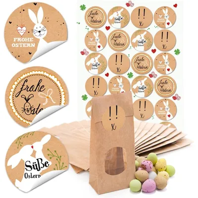 Produktbild von 24 kleine braune Ostertüten Geschenktüten MIT FENSTER + Pergamin 7 x 4 x 20,5 cm und 24 gelb pink rosa grün FROHE OSTERN OSTERHASE Osternaufkleber Geschenk Verpackung give-aways TütenOstermotive Kraftpapier-Optik / 24 Stück