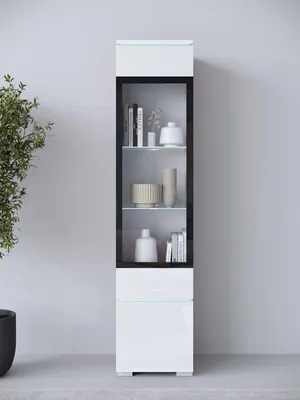 Produktbild von MINIO go for it, VEVE 02, Vitrine, mit LED Beleuchtung Hängeschrank oder Standvitrine, modern, Glasvitrine, Weiß / Weiß Hochglanz Farbe