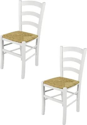 Produktbild von t m c s Tommychairs - 2er Set Stühle VENEZIA für Küche und Esszimmer, robuste Struktur aus lackiertem Buchenholz im Farbton Weiss (deckend) und Sitzfläche aus Stroh