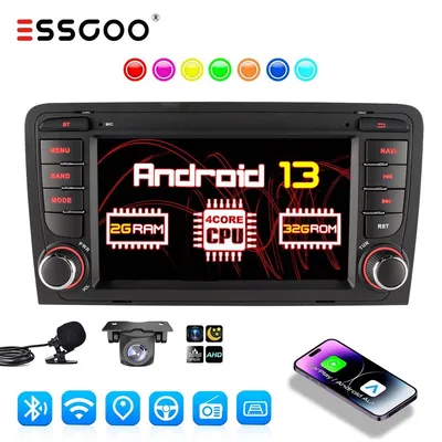 Zdjęcie produktu dla Radio samochodowe do Audi A3 8P (2003-2013), 7-calowy ekran dotykowy, system Android 13, format 2 DIN, nawigacja GPS, Carplay, Android Auto, Bluetooth, 2GB pamięci RAM, 32GB pamięci wewnętrznej, RDS