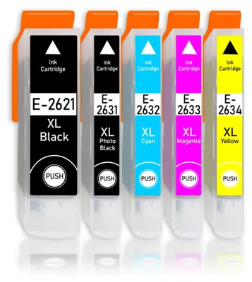 A set of five XL ink cartridges for a printer.