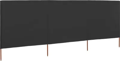 A three-panel dark gray windbreak fence with wooden stakes.