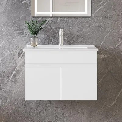 Produktbild von 60cm Dünn Keramik Waschtisch mit Unterschrank Badmöbel Set mit Türs Soft-close - Weiß Matt