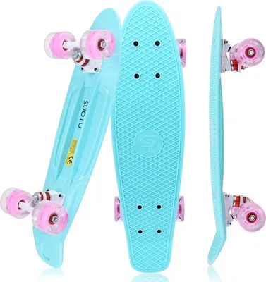 Image de Suotu Mini-skateboard LED pour enfants, avec roues LED (piles non requises), roulements ABEC-7, plateau en plastique, 55,9 × 15,2 cm, bleu clair, supp