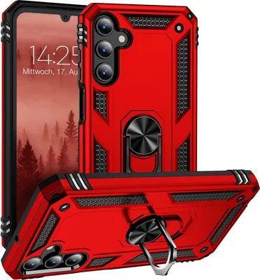 A red phone case with a ring holder is shown from multiple angles, with a phone screen visible in the background.