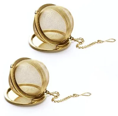 Produktbild von Ibenzoa® Goldfarbenes Teesieb (Tee-Ei) aus 304 Edelstahl, 5 x 5 cm, 2er-Set – für lose Teeblätter & Gewürze, mit Kette und Clip
