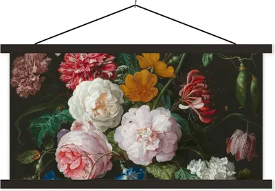 Produktbild von MuchoWow® Textilposter Stilleben mit Blumen in einer Glasvase - Gemälde von Jan Davidsz. de Heem 120x60 cm mit schwarzem Rahmen - Dekoration Schlafzimmer