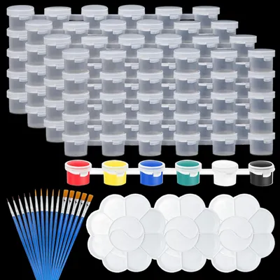 Imagen del producto de Cajas de pintura, 120 unidades, de 5 ml cada una, pequeñas pinturas con tapa, 15 pinceles y 3 paletas para mezclar