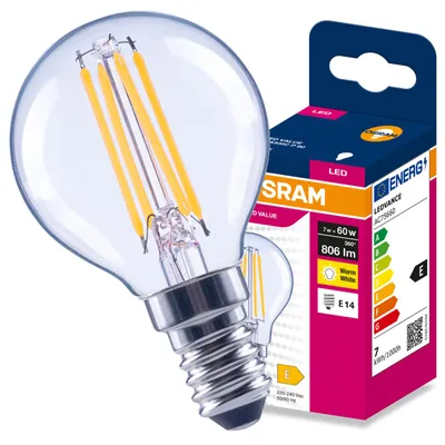 Produktbild von LED-Lampe E14, Glühbirnenform P45, 7W = 60W, 806lm, 2700K (warmweiß), 300° Filament, VALUE, Osram, KI-generiertes Bild