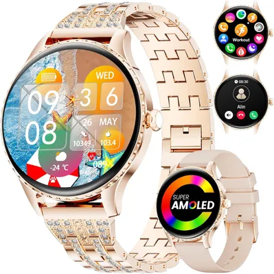 Smartwatch Damen Anruf 1.27" HD Elegant Diamant Frauen für Android iOS,100+Sportmodi,Herzfrequenz, Schlafmonitor, Menstruationszyklus, Kalorien