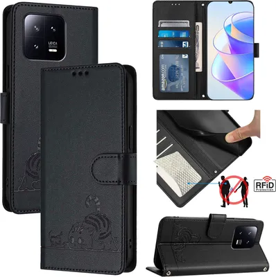 Produktbild von Leder Hülle für Xiaomi 13 Süße Katze Flip Case Brieftasche Schutzhülle mit Standfunktion Schwarz