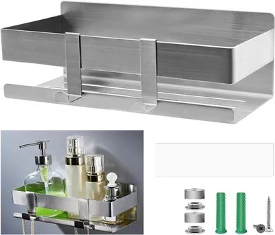 Productafbeelding van RVS douchehouder zonder boren met 2 haken - Plakbare douchehouder, 23 cm - Shampoohouder voor in de douche