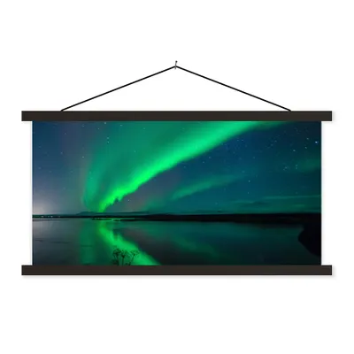 Produktbild von MuchoWow® Textilposter Nordlicht - Island - Sternenhimmel - Grün - Wasser 60x30 cm mit schwarzem Rahmen - Textilien