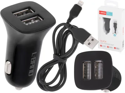 A product shot of a car charger and its accessories, along with its packaging.