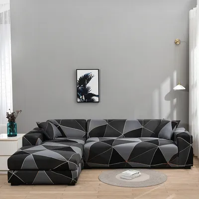 Produktbild von Schnittcouchbezug, L-förmiger Sofabezug, Sitzbezüge aus weichem Polyestergewebe mit 4 Kissenbezügen,Graue Geometrie