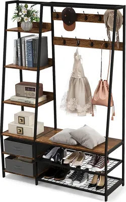Produktbild von GOPLUS Garderobenständer mit Sitzbank, Kleiderständer mit 6 Ebenen und 9 Haken, Industriegarderobe mit Schubladen, Schuhregal, Dielenbaum Heimorganisator für Eingang & Schlafzimmer