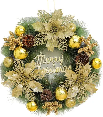 Produktbild von Weihnachtskranz für die Haustür, künstlicher Tannennadelkranz mit Kugeln, Schleifen, Blumen, „Frohe Weihnachten“, hängende Dekoration für Zuhause, Wand, Fenster, Veranda, Innen- und Außendekoration