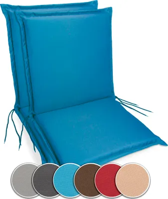 Two blue chair cushions are shown from a diagonal angle against a white background. Below the cushions, there are swatches of different color options for the cushions.