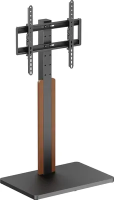 A black and brown universal TV stand with a metal frame and a wood-like accent.