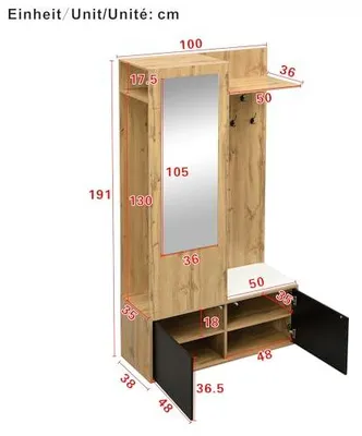 Productafbeelding van Garderobeset, wandgarderobe met schoenenkast en spiegel, garderobeset voor de hal, garderobekast met open kledingrek en 5 haken, geschikt voor hal of woonkamer, afmetingen 100x38x191 cm, houtkleur