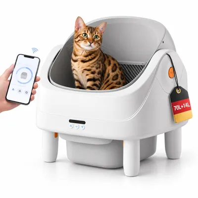 Produktbild von 70L Selbstreinigende Katzentoilette, App & 8 Sensoren, Geruchskontrolle, leise, offen, für Mehrkatzen, 1,5-20kg, 14L Abfallbehälter
