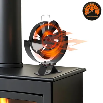 Productafbeelding van Ikodm kachelventilator met 6 bladen, verstelbare hoek, werkt op warmte, geruisloos, inclusief thermometer