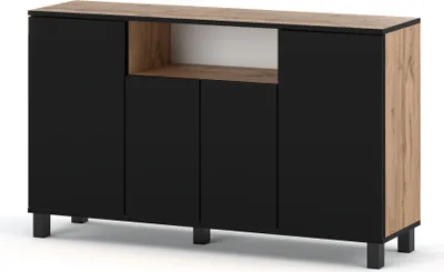 A minimalist sideboard with black doors and a wood-effect top and side.