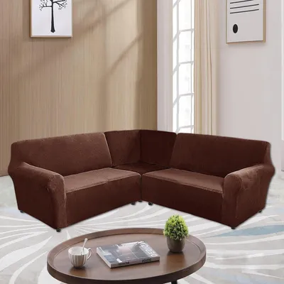 Obrázek produktu pro Topchances Velvet Sofa Cover L Shape 5 Seater Corner Sofa Cover 3 Piece Stretch Sofa Cover for L Shaped Sofa Furniture Thick Soft Washable Corner Sofa Cover, Dark Brown