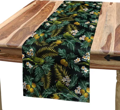Produktbild von ABAKUHAUS Tropisch Tischläufer, Hawaii-Muster mit Brotfrucht Palmblatt Plumeria Blume und Exotischer Vogel auf Dunkelheit, 40 x 180 cm, Mehrfarbig