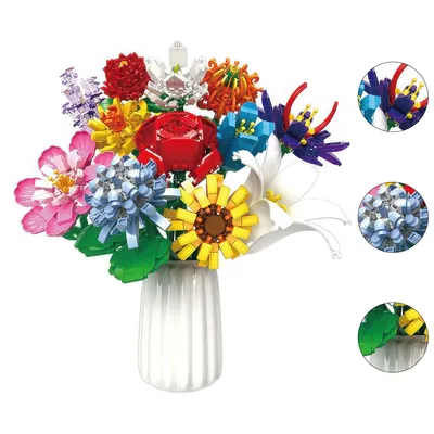 Produktbild von Blumenstrauß-Bauset, 12 künstliche Blumen aus Bausteinen, 1064 Teile, Bausteine-Spielzeug für Erwachsene und Kinder, ideales Geschenk für Muttertag, Valentinstag und Geburtstag (ohne Vase)